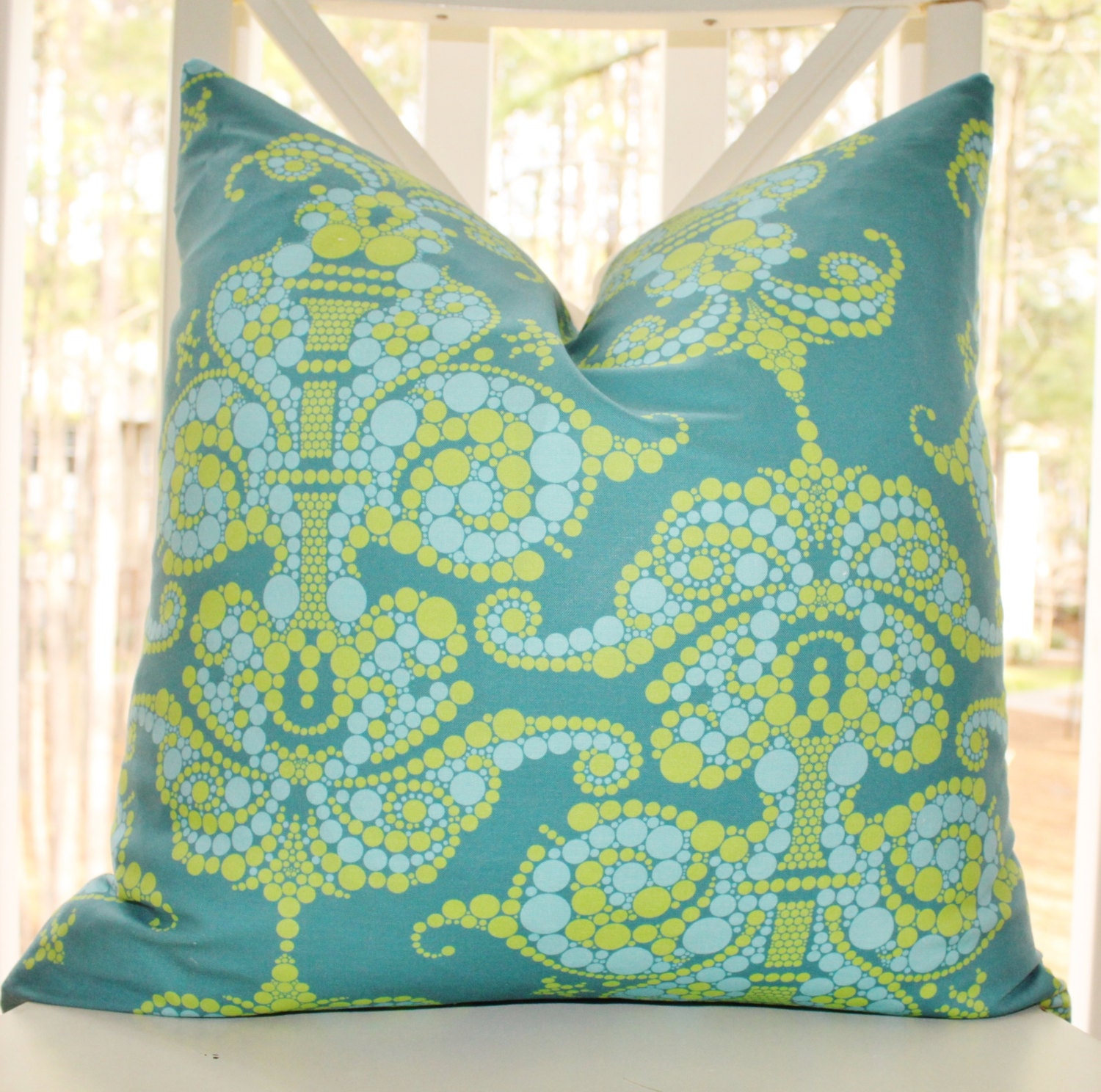 Decorative Designer Blue Pillow - 16 x 16 Geometric Turquoise Teal Baroque Pillow - Throw Pillow Cover - Modern Turquoise Pillow