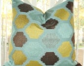 Decorative Turquoise Pillow - Turquoise Blue Chartreuse Brown Ikat Cover -  Spring Throw Pillow - Ikat Pillow