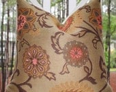 Decorative Pillow -16 x 16 Tan Caramel Brown Pink Coral Gold Suzani Designer Pillow Cover - Throw Pillow