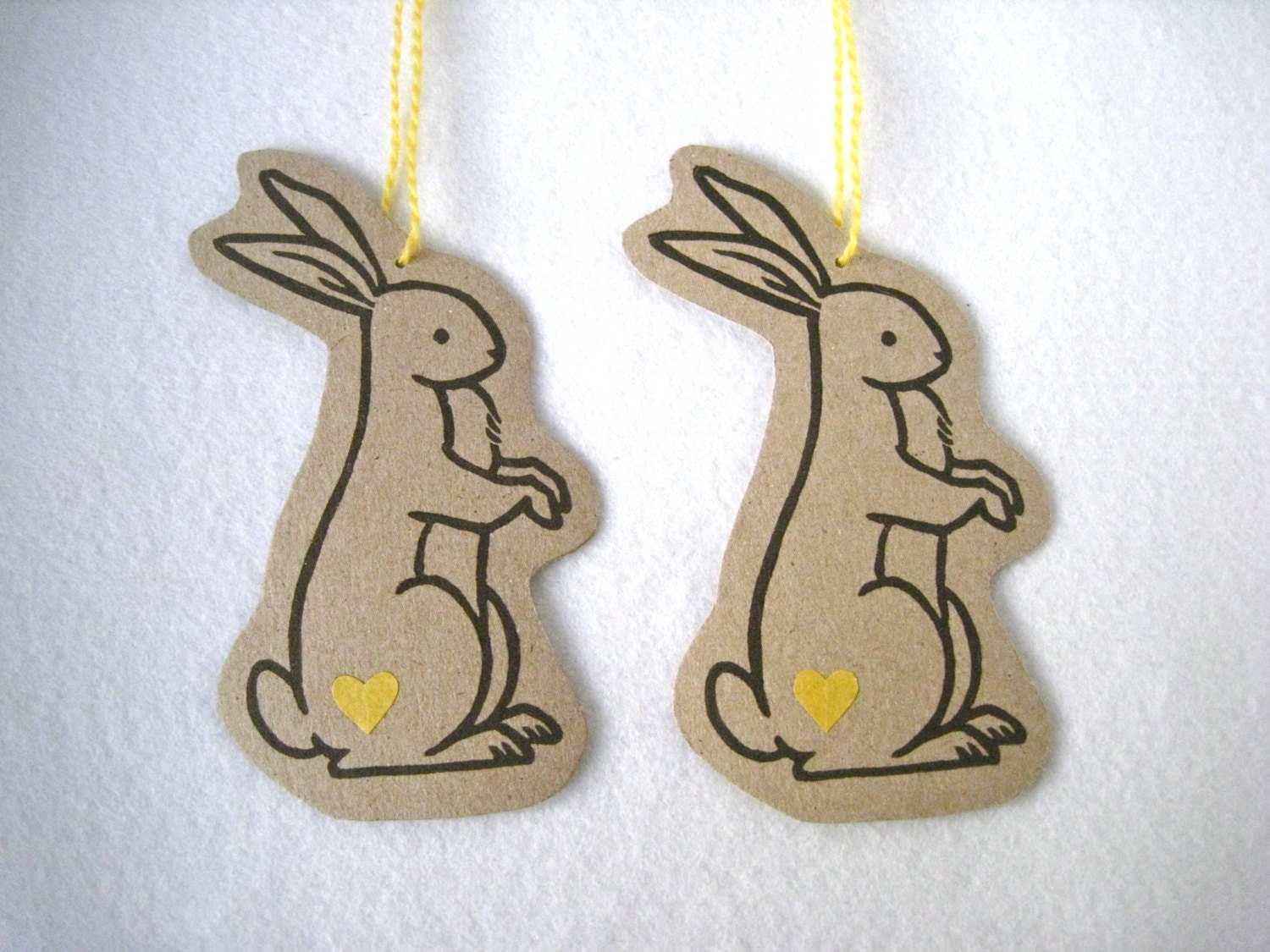 Set of 2 Hand Printed Ornaments / Decorations/ Wall hangings ( Yellow ) - original linocut rabbit design
