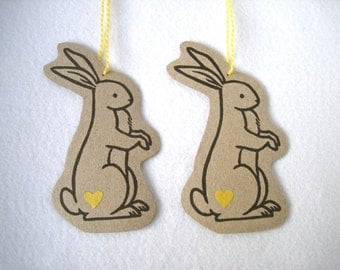 Set of 2 Hand Printed Ornaments / Decorations/ Wall hangings ( Yellow ) - original linocut rabbit design