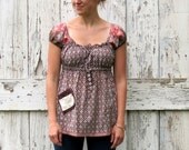 Peachy Keen Pocket on Brown Babydoll upcycled tunic top eco creative couture boho peach floral