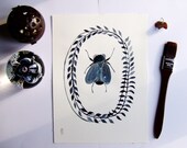 Fly Watercolor Painting Ink Art Original Drawing Insect Animal Wreath Leaves Grey Gold Home Decor Contemporary Art Fly Wall Art Fine Art
