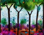 Landscape Original Landscape Painting Watercolor Gouache Ink Contemporary Art Wall Art Home Decor Art Green Purple Forest Trees Flowers
