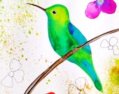 Humming Bird Original Painting Watercolor Gouache Ink Animal Flowers Nature Landscape Contemporary Art Home Decor Green Pink Bird Drawing