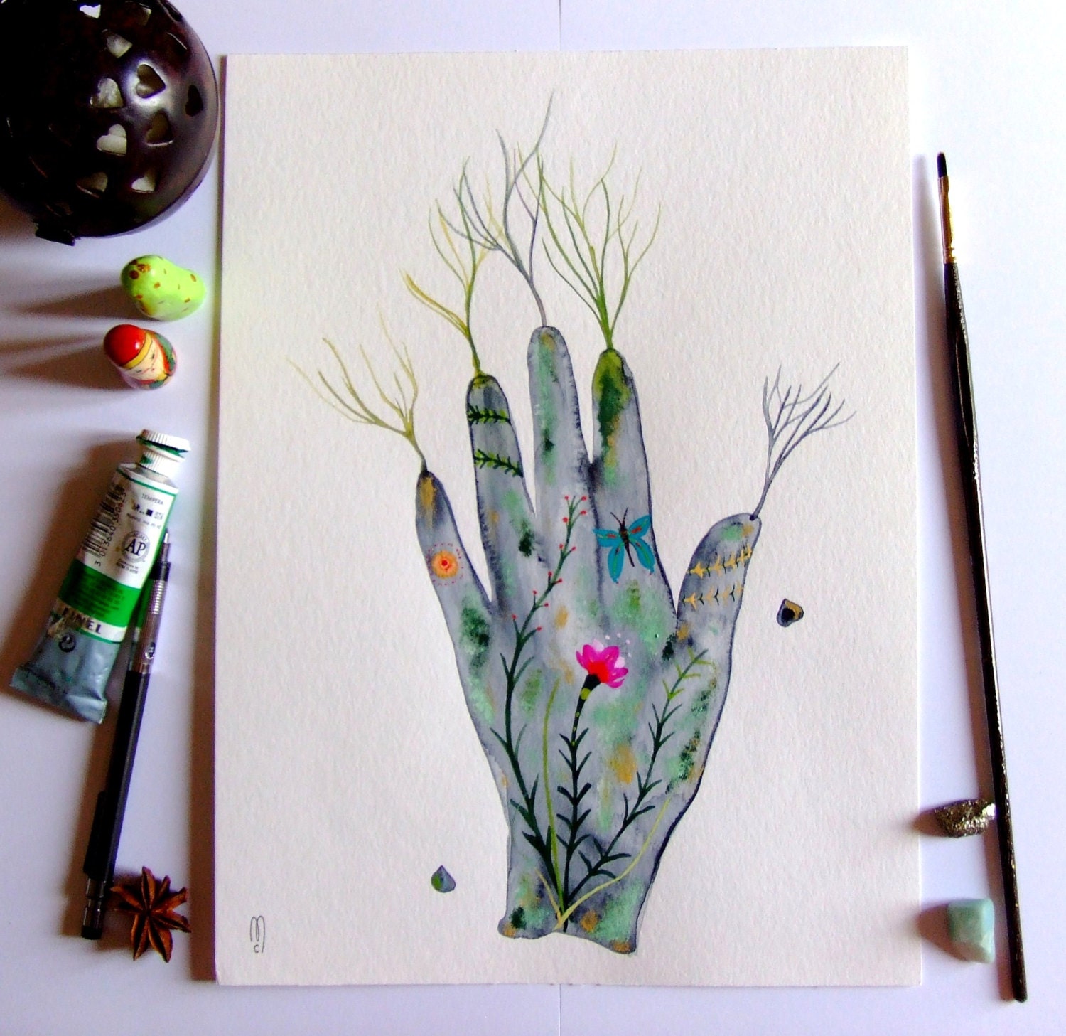 Hand Original Painting Watercolor Ink Gouache Hand Botanical Plants Flower Butterfly Drawing Hand Decor Green Grey Contemporary Art Hand