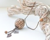 Brown and Copper Bird Cage Pendant Necklace - Pyrography Wood Jewelry