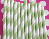 50 Apple Green Striped Paper Straws with DIY Flags, Birthday Party, Bridal Shower Straws, Wedding Straws, Stripe Straws