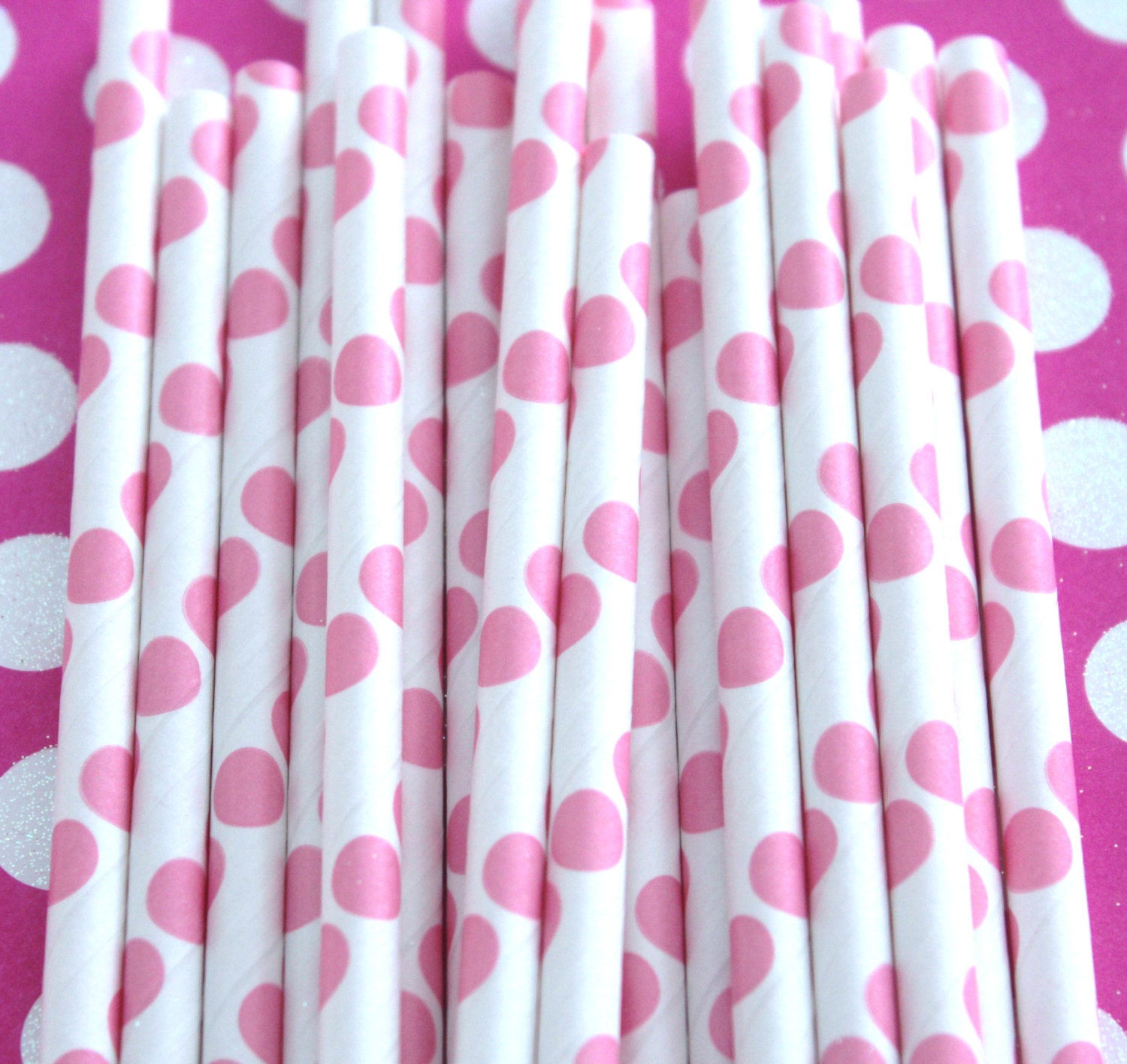 50 Light Pink Polka Dot Striped Paper Straws with DIY Flags, Birthday Party, Bridal Shower Straws, Wedding Straws, Stripe Straws