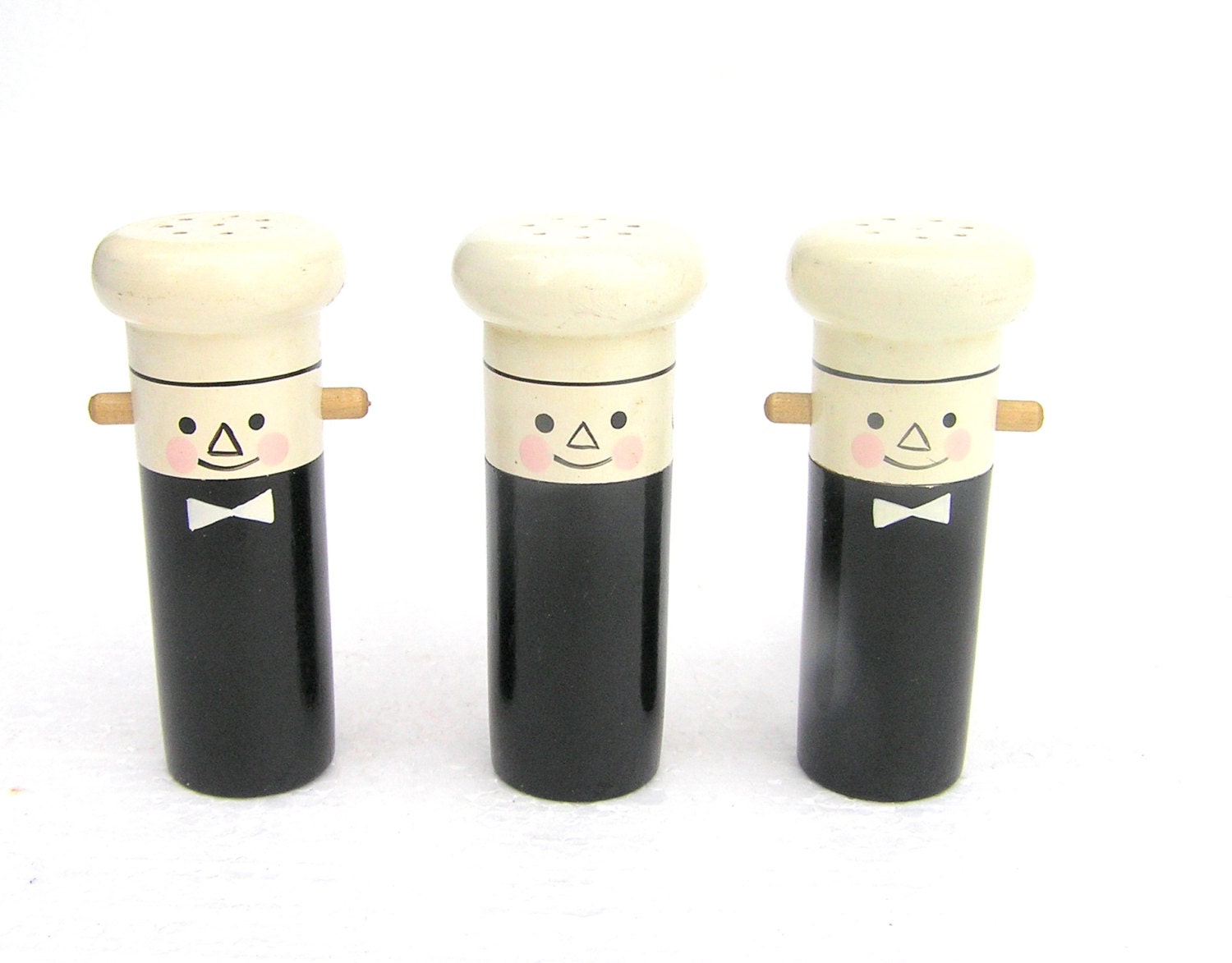 Soviet vintage salt and pepper shaker set trio cook chef cooking retro black and white unused