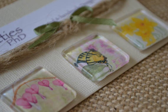 Glass tile magnets nature inspired watercolor pink and yellow set super strong kitchen magnets