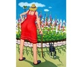 Edens Garden - Funny Old Woman Tuxedo Cat Flowers Glicee Print from original painting Lookalike Pets and Owners Korpita ebsq