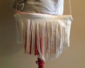 White And Pink Faux Leather Fringe Bag With Gold Chain Strap