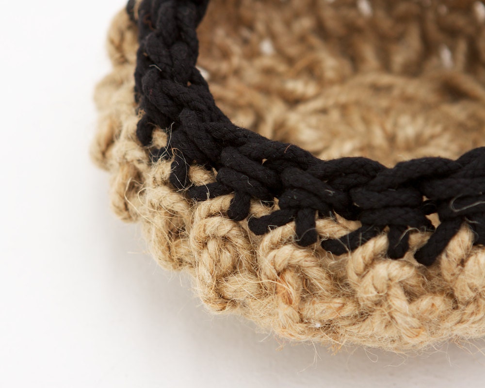 Chunky crocheted basket vessel in soft Scottish thick natural jute with coloured detail trim - medium