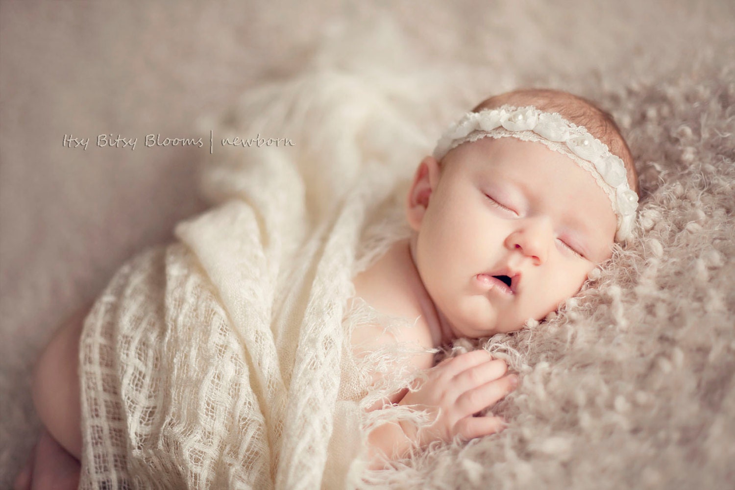Baby Headband, Newborn Photo Prop, Baby Girl Beaded Lace Halo, Newborn Rose Headband, Newborn Size, RTS - Ivory or Olive Green