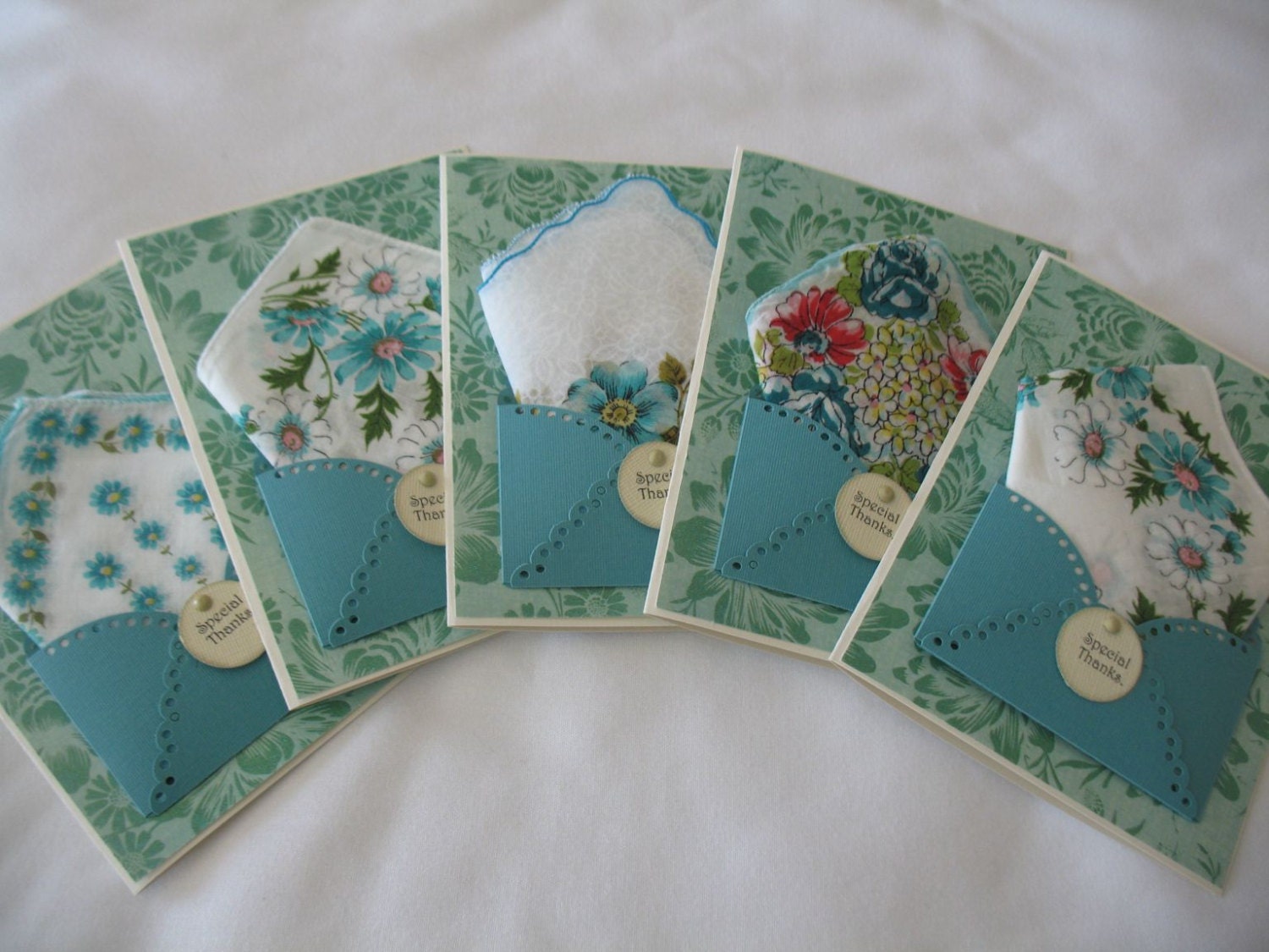 Vintage Floral Wedding Handkerchief Lot Bridesmaid Shower Favor Thank You Appreciation Teal White Greeting Cards