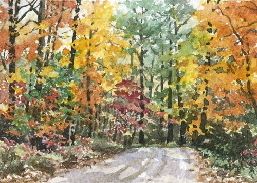ACEO Giclee print from watercolor painting of autumn road, miniature by Cinda Serafin, nature landscape Limited Edition Print