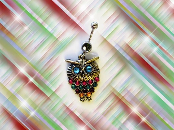 SALE-Belly Ring, Colorful Crystal Antique Bronze Fat Owl with Crystal Blue Eyes, Belly Button Navel Ring, For Her