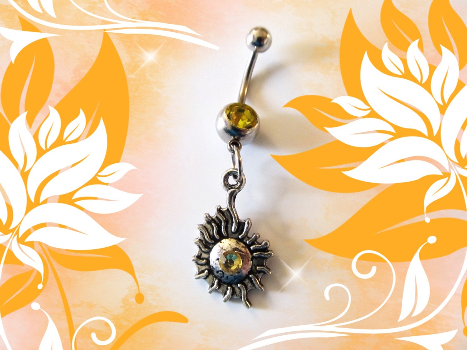 Belly Ring, Antique Silver Sun of Life, With Yellow Crystal, Belly Button Ring, Belly Button Jewelry for Her