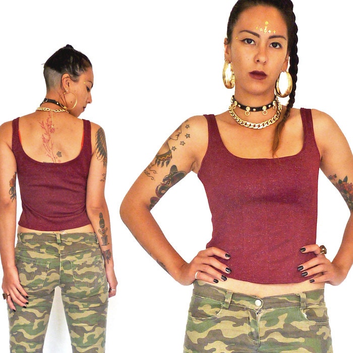 HOLA VINTAGE 90s Cropped Maroon Sparkle Tank - 90s Club Kid Glitter Bustier - 1990s Raver Metallic Stretch Singlet - Burgundy Glitter Tank