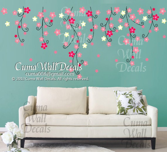 flower wall decal nursery pink flower vinyl wall decal  tree nature wall sticker children decals nursery wall mural-  Z202 by cuma