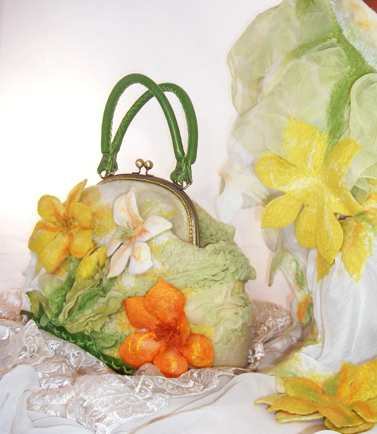 Stylish bag and scarf from felted wool, silk and leather.Summer fashion, eco friendly gift for woman.Free shipping White with green.