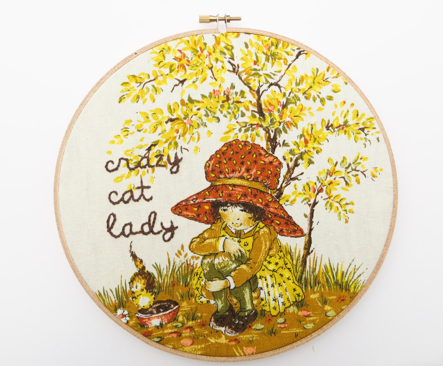 Crazy Cat Lady Hand Embroidered Hoop Art - Vintage Holly Hobbie - Hand Embroidery Stitched Cottage Decor
