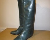 Vintage 80s Etienne Aigner Green Leather Knee High Tall Riding Boots, Size 6 Equestrian, Flat Campus Boots
