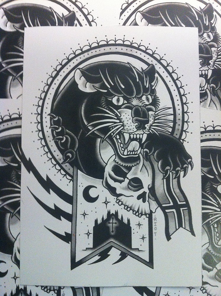 The milan panther - 2012 traditional watercolor tattoo flash PRINT by Ashley Riot