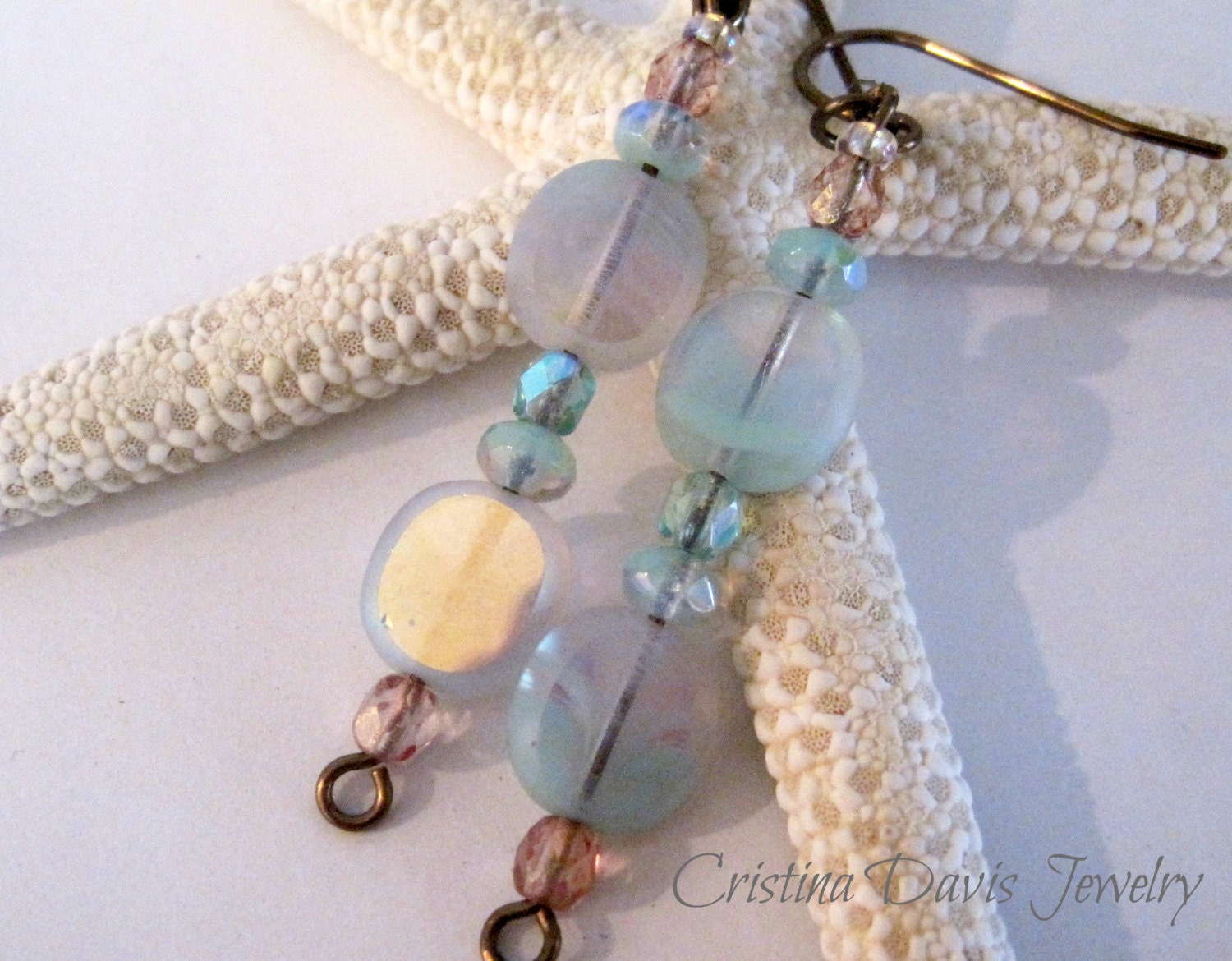 Beaded dangle earrings, Laguna opal, aqua purple pink, lightweight, mother's day, gifts for her