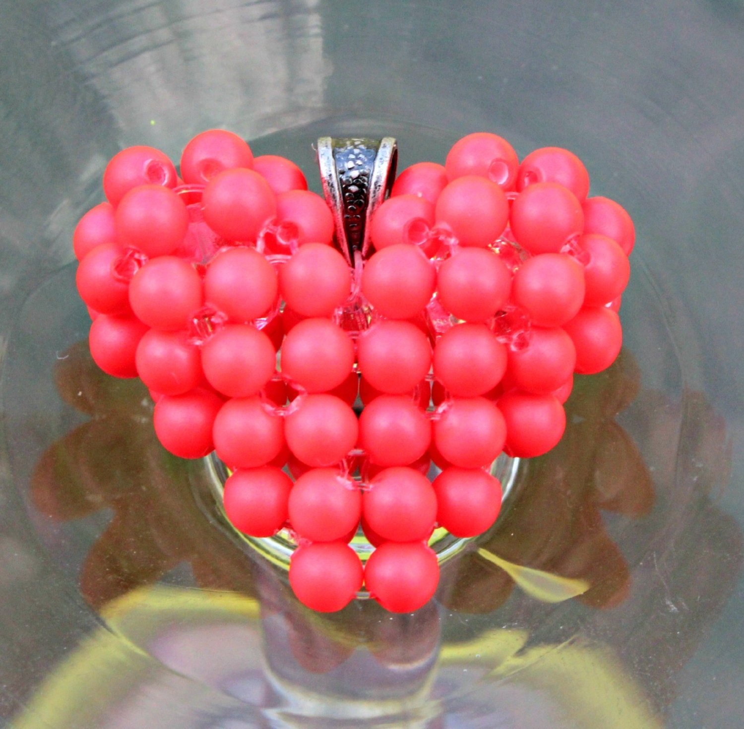Mini Neon Red Heart, Swarovski Pearl Floating Heart Necklace, Rocker Red, Hot Summer Jewelry, 80s Neon Red Necklace