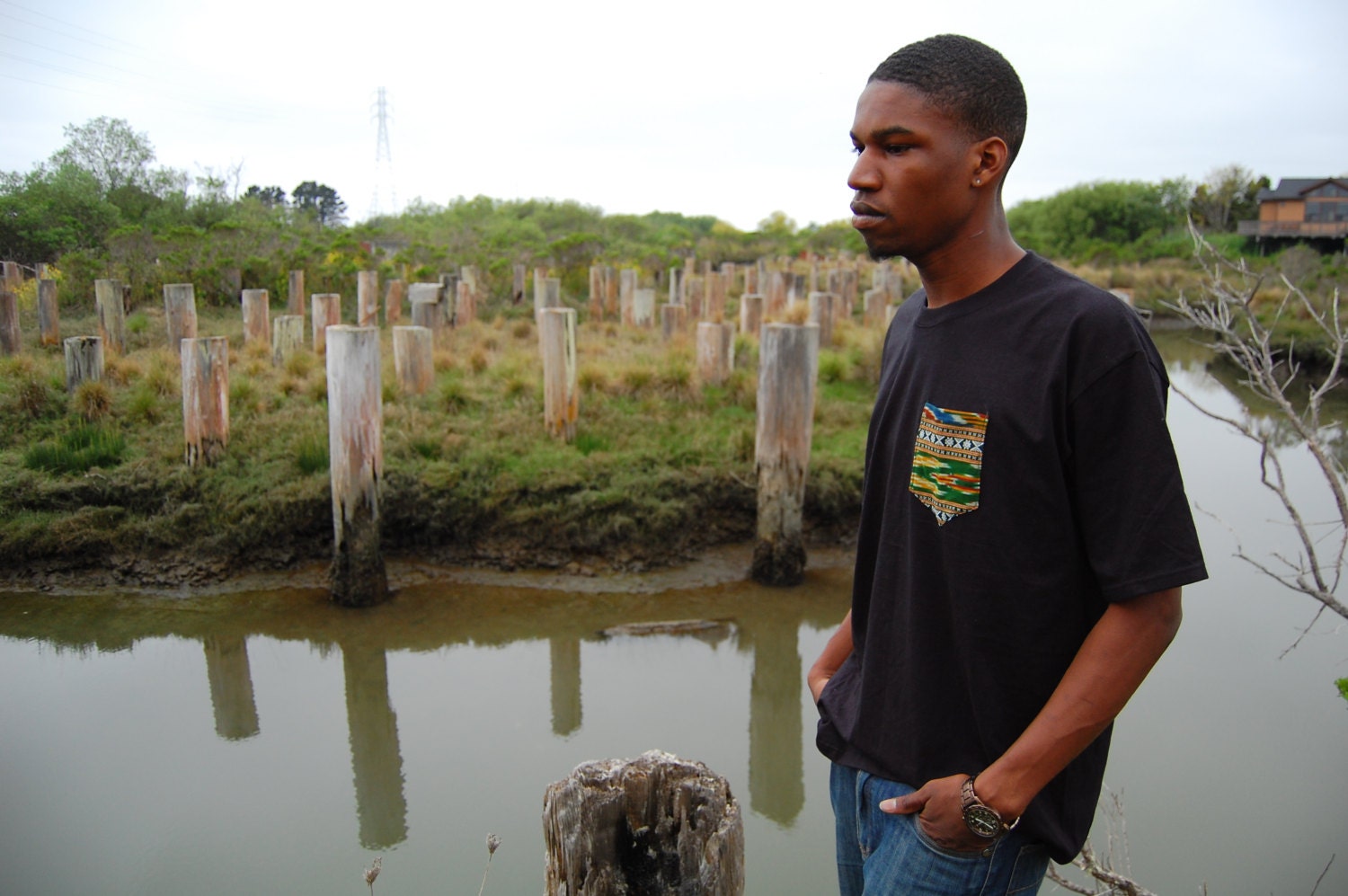 Men's Black T Shirt With Guatemalan  Print Pocket