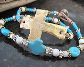 Have Faith... Statement Boho Wrap Leather Turquoise Beaded Bracelet with Gemstones Crystals, Side Way Antiqued Gold Cross