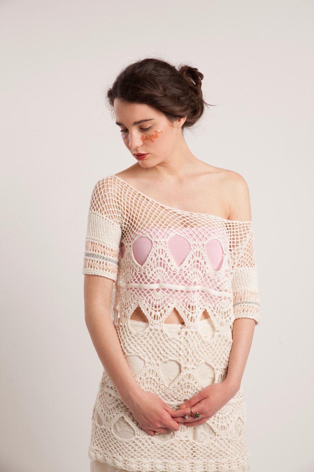 Hand knitted off-white blouse, Cotton tunic dress, Open knit cotton top, Bohemian blouse, Lace tunic top, Summer top, White hand-crochet top