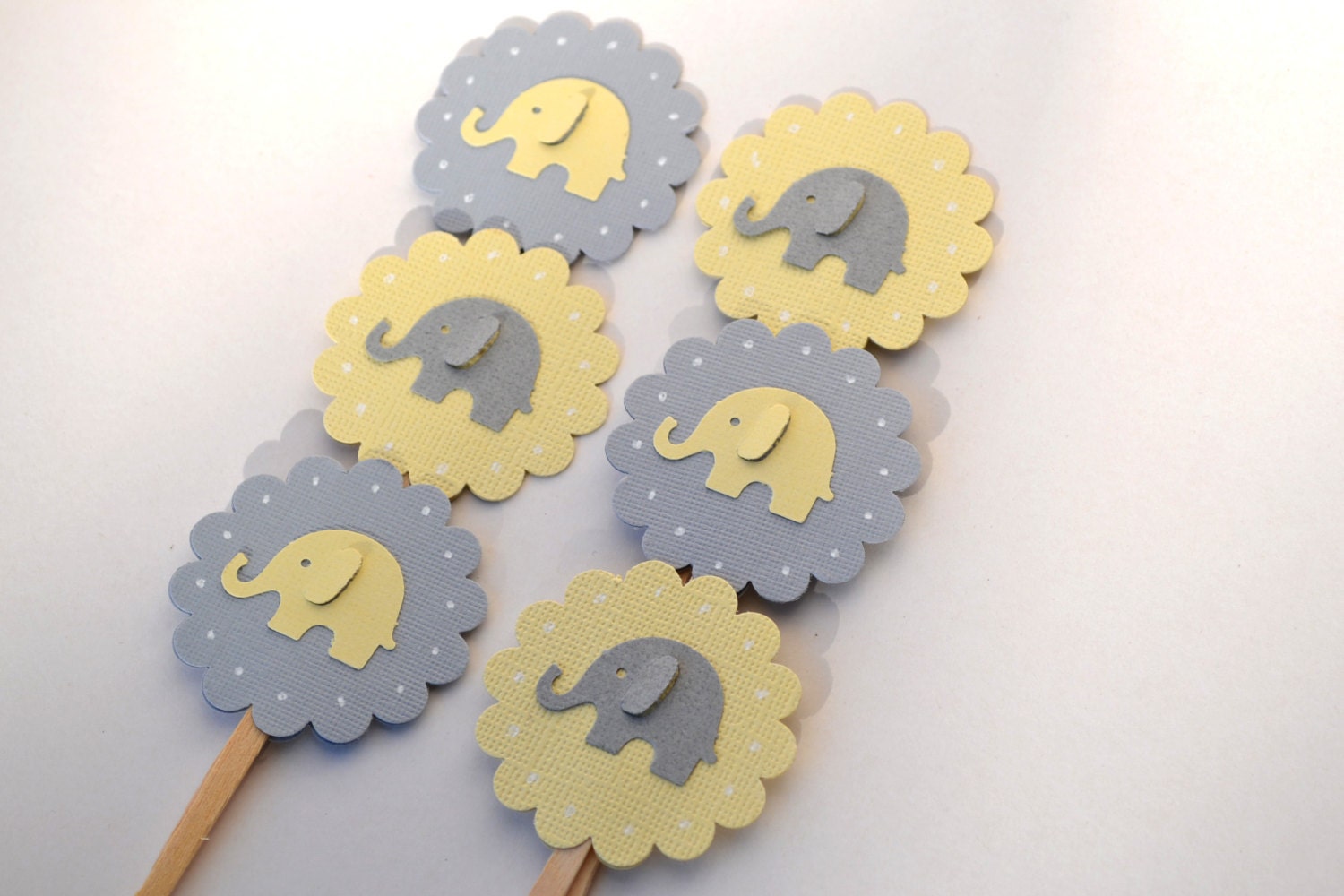 Elephant Cupcake Toppers Yellow and Grey  --Qty 12--