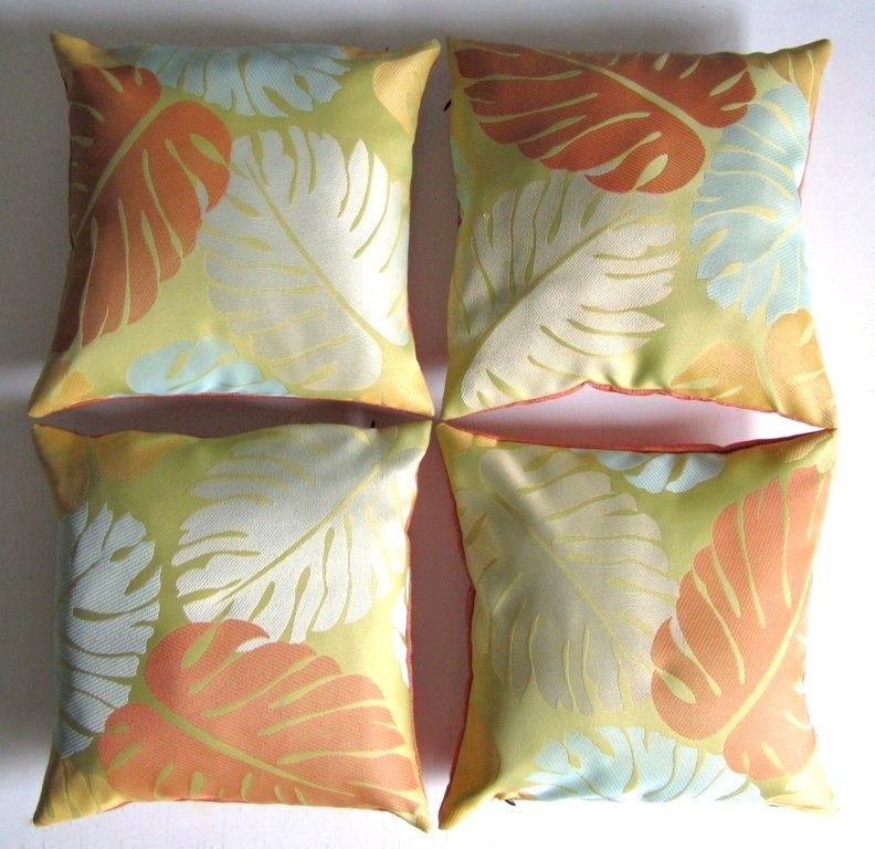 Set of 4 Indoor/ Outdoor Decorative Throw Pillow Covers-Monstera Deliciosa Leaf, Summer Citrus, Lime Green, Orange, Yellow, Baby Blue 12x12