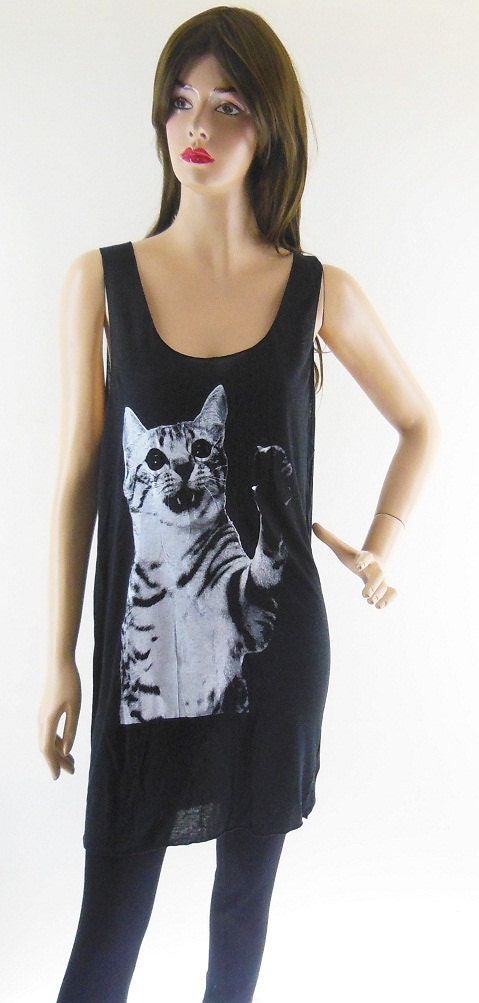 Kitty Cat Lovely Animal Style Cat Tank Top Women T-Shirt Black T-Shirt Tunic Screen Print Size M