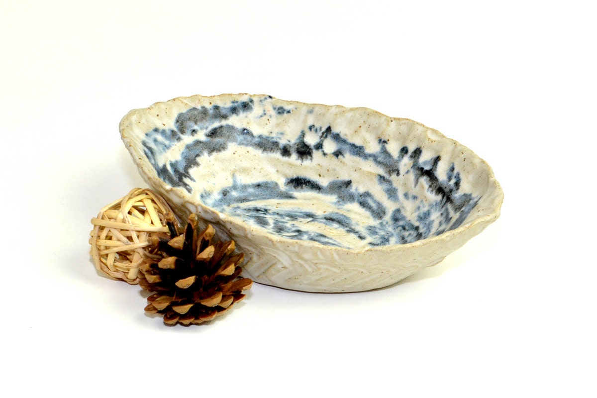 Cobalt Blue Pinch Pot Stone Art Pottery Bowl - Abstract Oval Stoneware Dish with Basket Weave Design - Vintage Home or Garden Decor