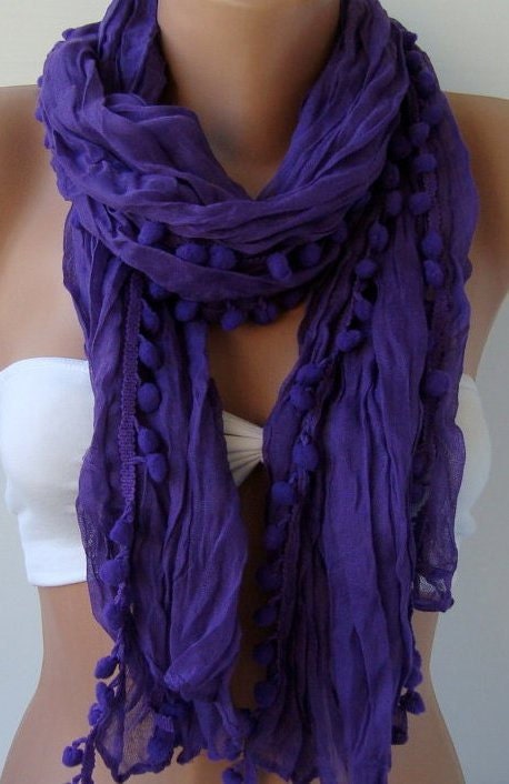 Elegant scarf Cotton scarf purple scarf Batik scarf pompom