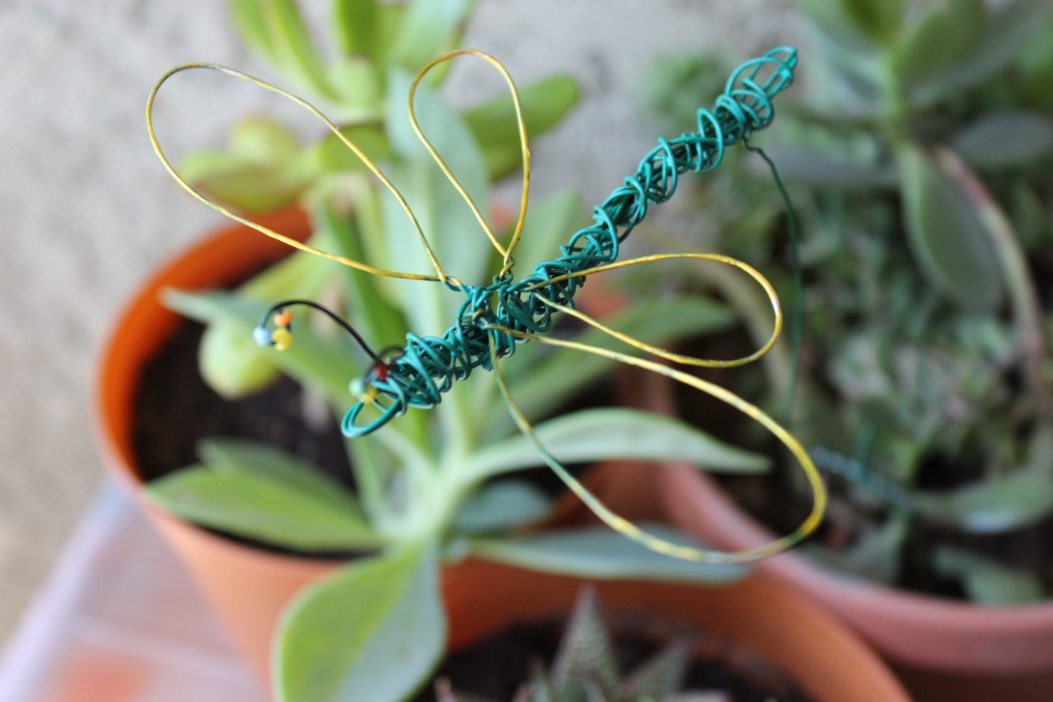 Green Dragonfly Wire Sculpted Garden Stake