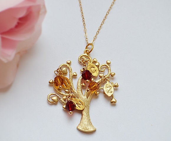 Personalized Custom birthstone crystals Family Tree Necklace Silver or Gold, Initial , mom, grandma, birthday gift, freshwater pearl