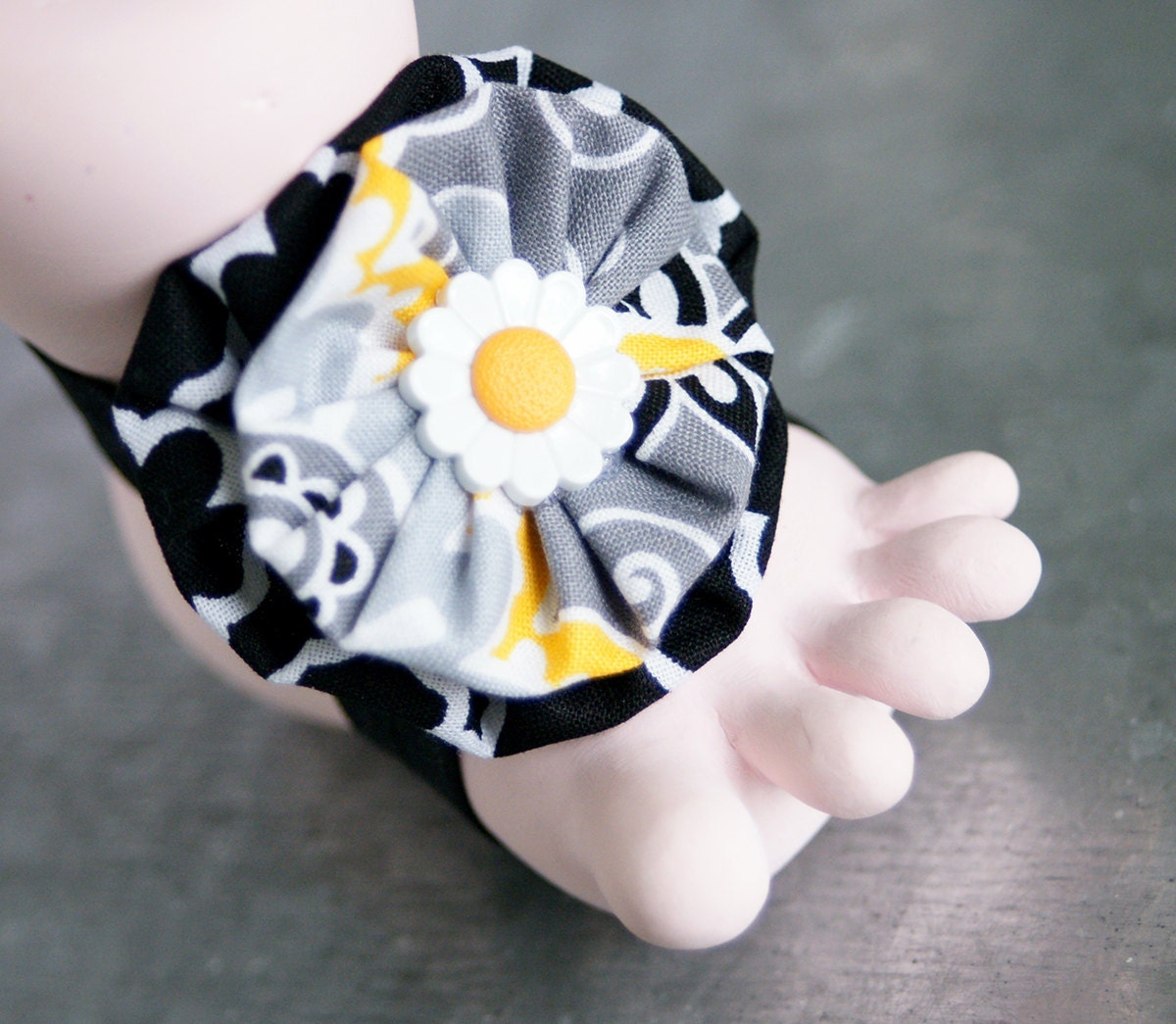 Daisy May Tootsies Handmade Baby Barefoot Sandals with Cute Yo-Yo and Matching Embelishments One Pair