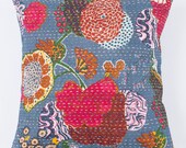 Hand Stitched Blueish Grey Floral Pillow 16x16