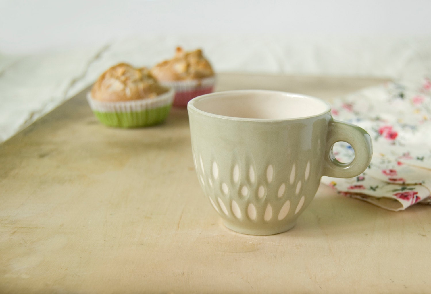 Ceramic stoneware cup coffee tea espresso - unique handmade serving decorative textured kitchen pottery morning coffee - green pink
