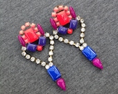 Neon Pink Purple Vintage Rhinestone Earrings