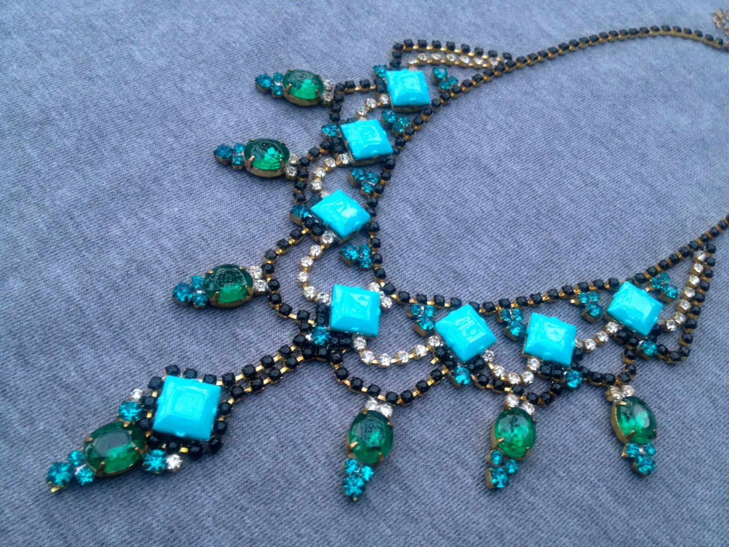 Vintage CUSTOM Hand Painted Rhinestone Statement Necklace - Tom Binns look