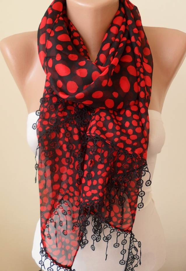 Red and Black Dalmatians Scarf - Silk/Chiffon Scarf with Black Trim Edge