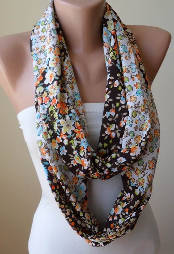 Brown - Orange - White Infinity Scarf - Jersey Fabric