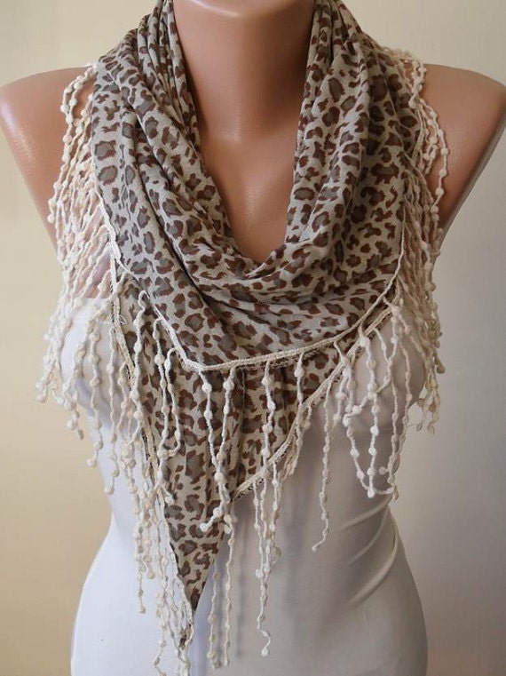 Light Brown - Leopard Triangular Scarf with Cotton Trims Edge