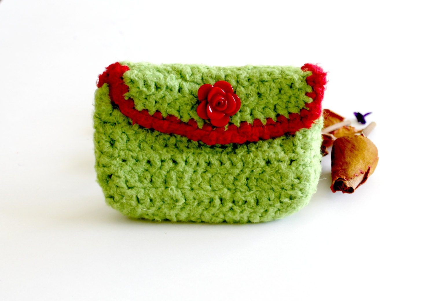 Green and Red Bamboo Hand Crocheted Pouch with Rose Detail and Liner